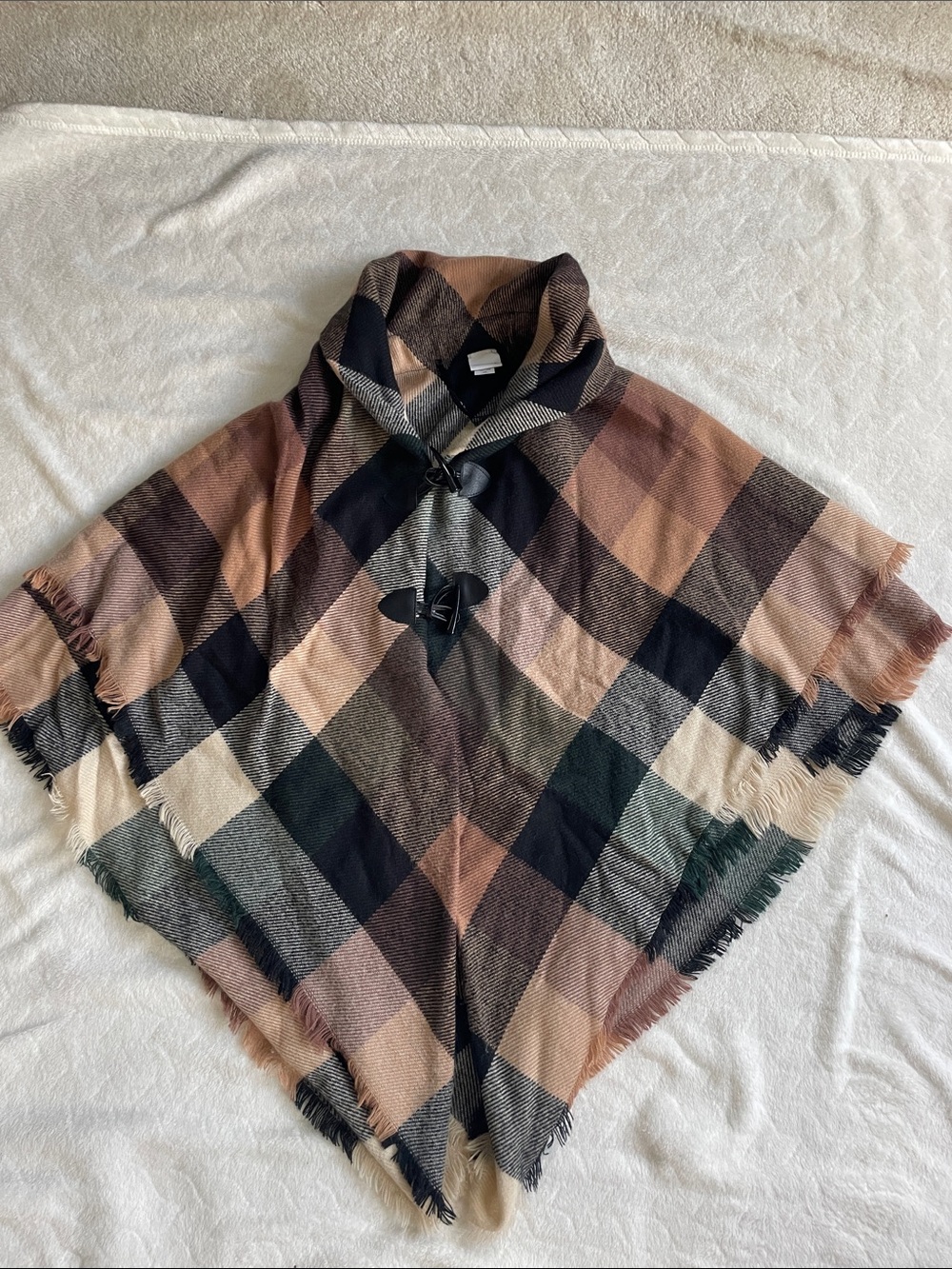 Sonoma Plaid Toggle Poncho in Brown, Black & Cream
